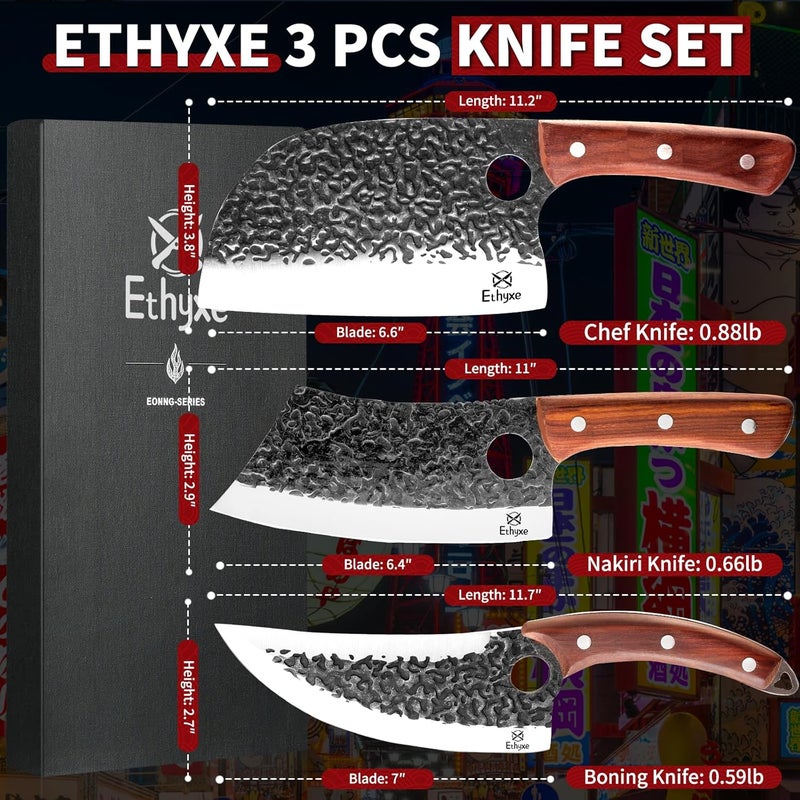 Ethyxe Butcher Knife Set – 3PCS Hand Forged Kitchen Knife Set with Serbian Chef Knife, Viking Boning Knife & Meat Cleaver, High Carbon Steel for Meat Cutting, Outdoor BBQ, Camping, Gift for Men - Image 2